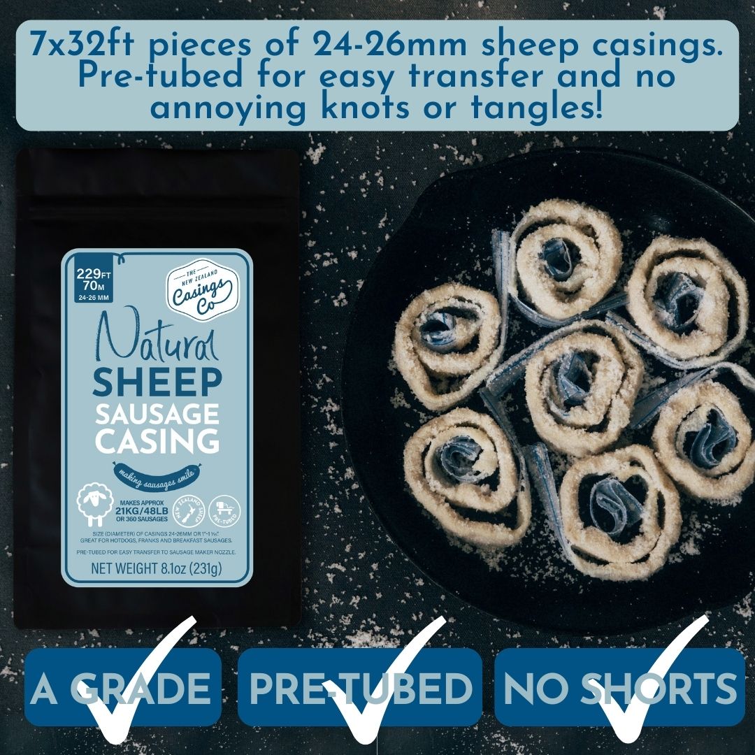 The 6 Pack - 'The Butchers Accomplice' Natural Sheep Casings 24-26mm, 70m.