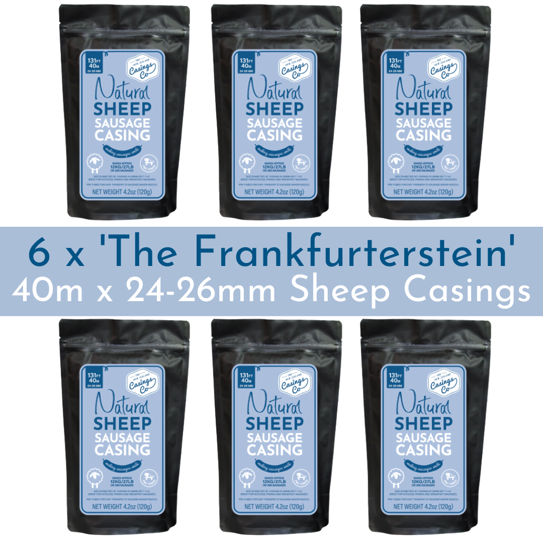 The 6 Pack - 'The Frankfurterstein' Natural Sheep Casings 24-26mm, 40m.