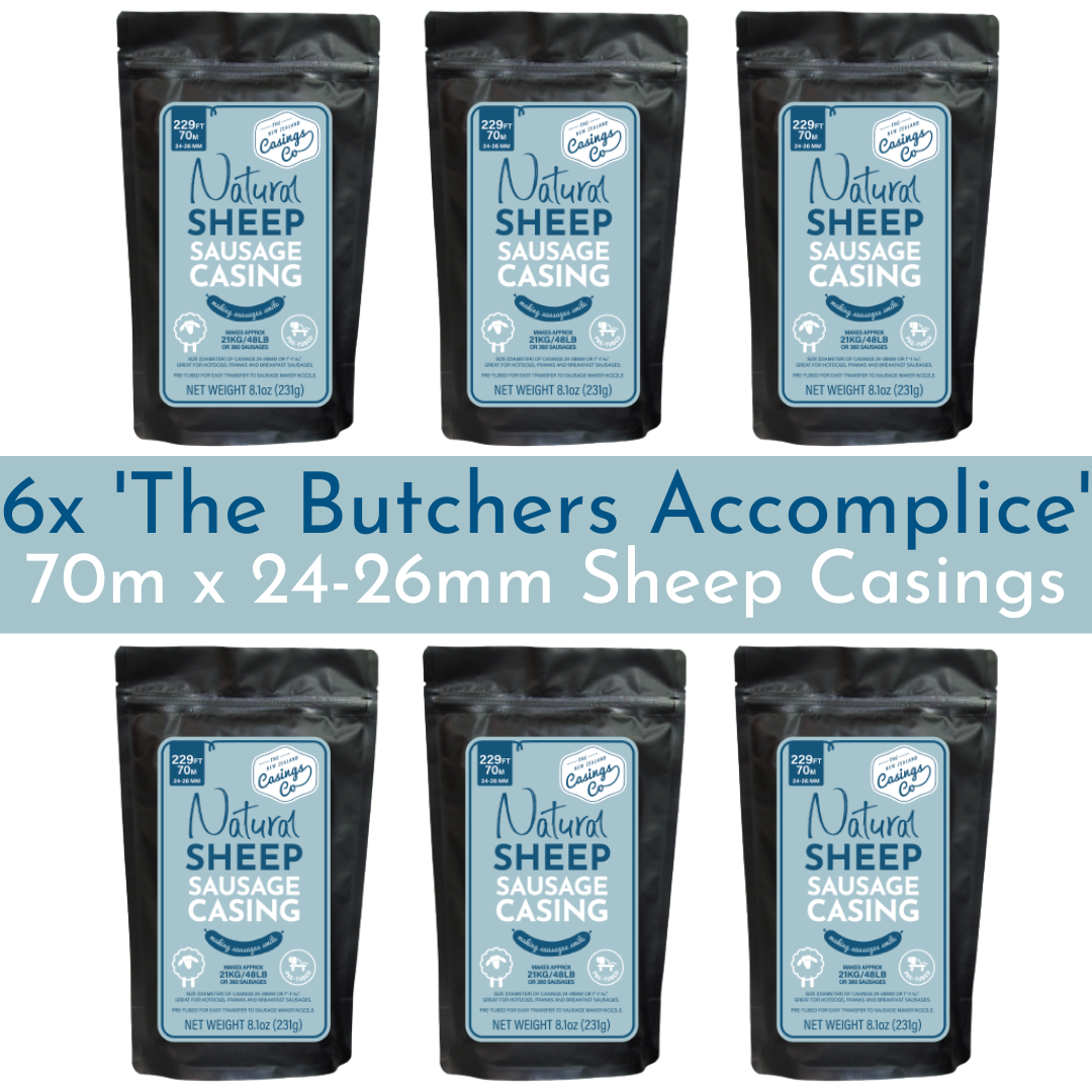The 6 Pack - 'The Butchers Accomplice' Natural Sheep Casings 24-26mm, 70m.